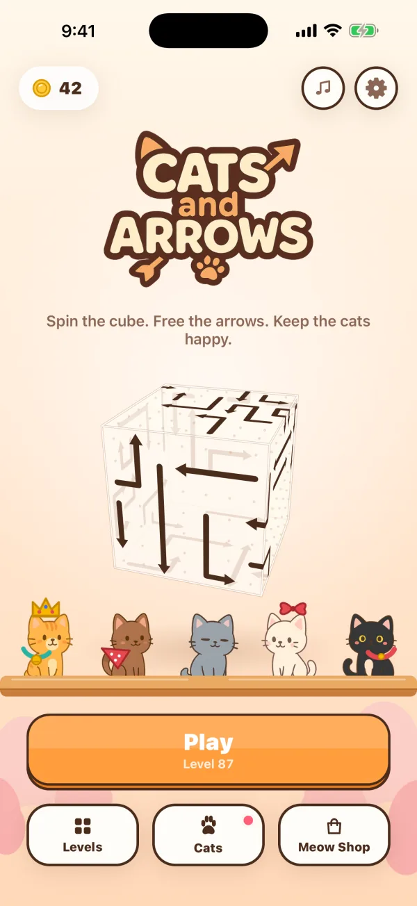 The home screen of Cats & Arrows: a glass cube covered in arrows, five cats on the shelf