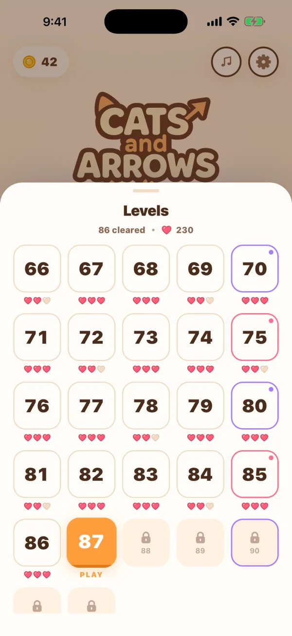 The levels of Cats & Arrows, each with the stars it was cleared with