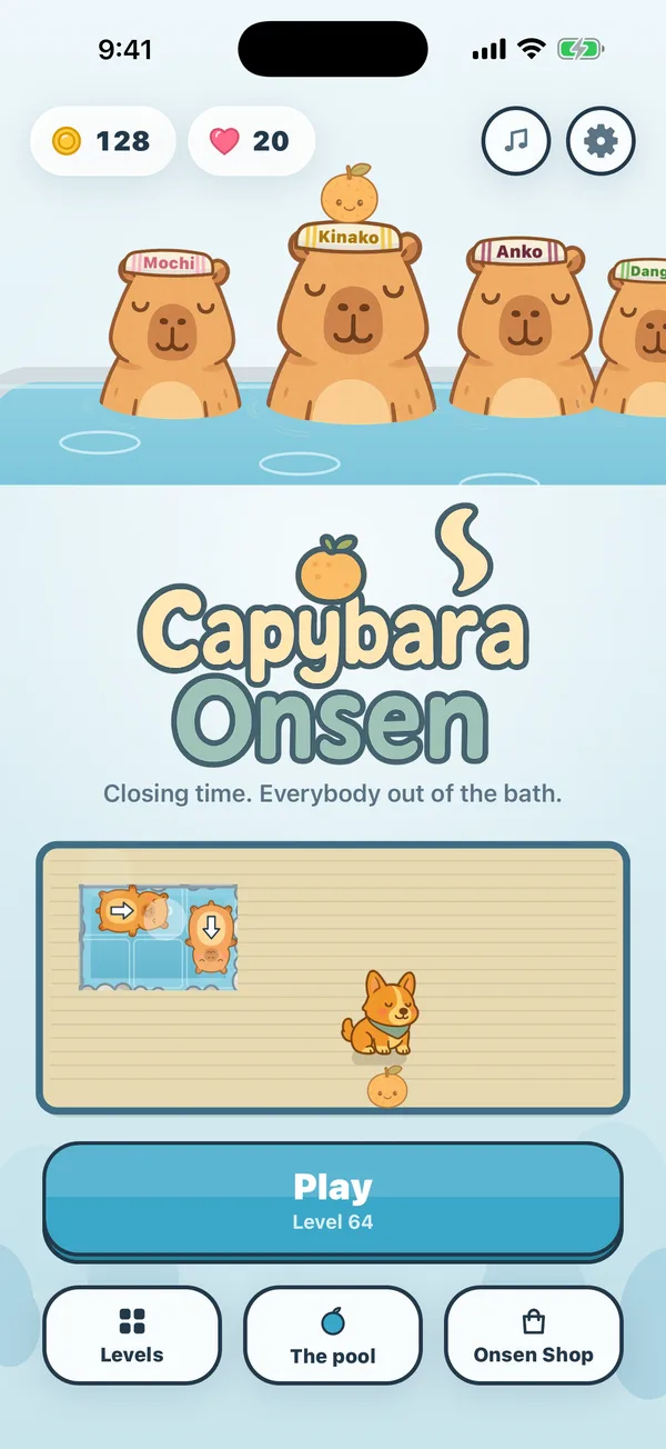 The home screen of Capybara Onsen