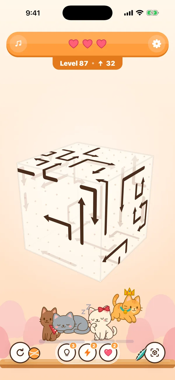 A level of Cats and Arrows: a cube covered in arrows, cats watching