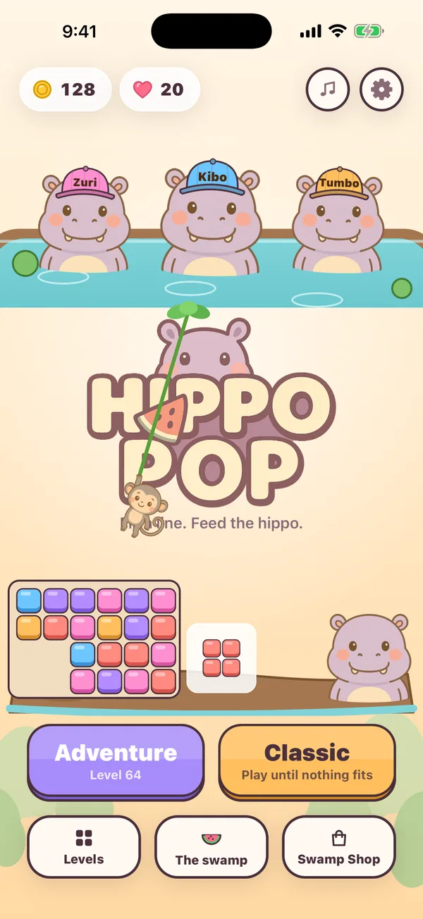 The home screen of Hippo Pop