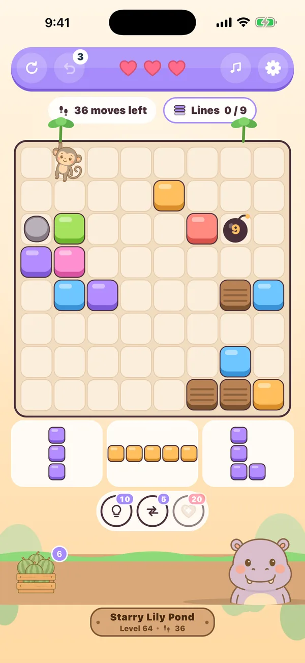 A level of Hippo Pop: an eight by eight board with the hippo under it