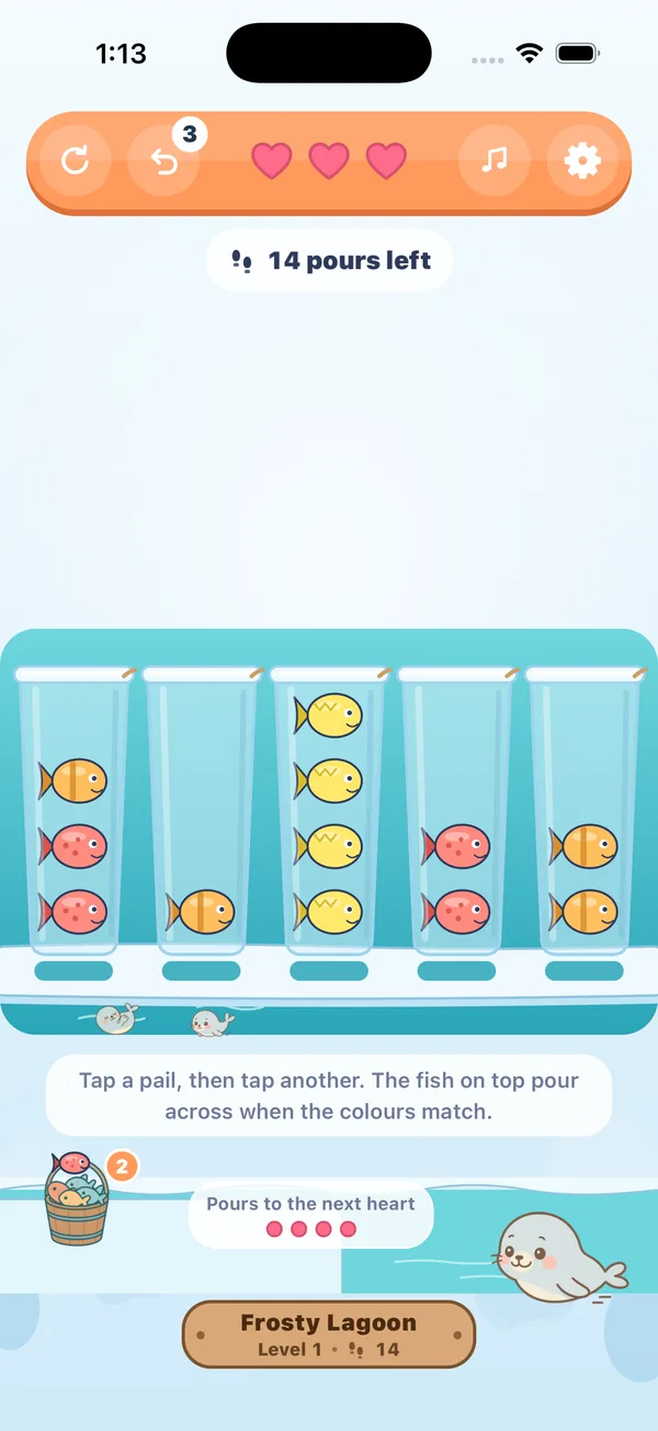 A level of Penguin Lagoon: five ice pails of coloured fish