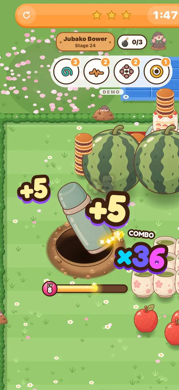 Stage 24 of Mole Picnic: a thermos going down the hole beside the watermelons