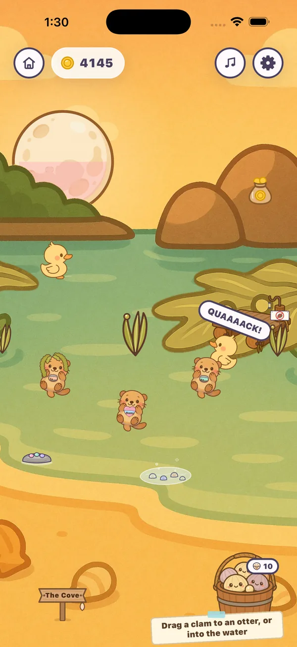 The Cove in Otter Buddies: otters afloat, a duck quacking, the clam bucket on the sand