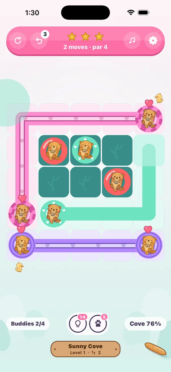 Level 1 of Otter Buddies: two lanes drawn, and a third following the finger around the cove to its buddy