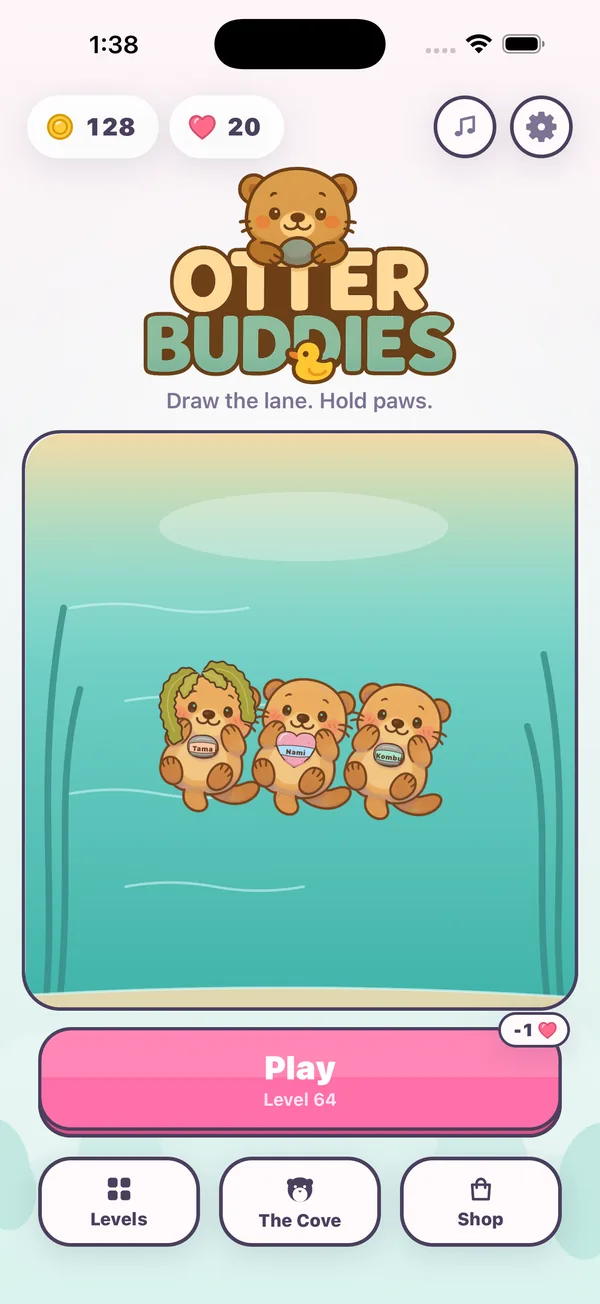 The home screen of Otter Buddies: three otters on the raft, holding paws