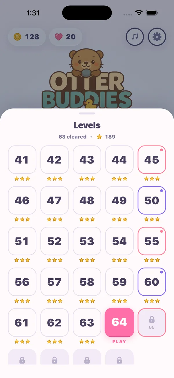 The levels of Otter Buddies, 41 to 65, each with its stars