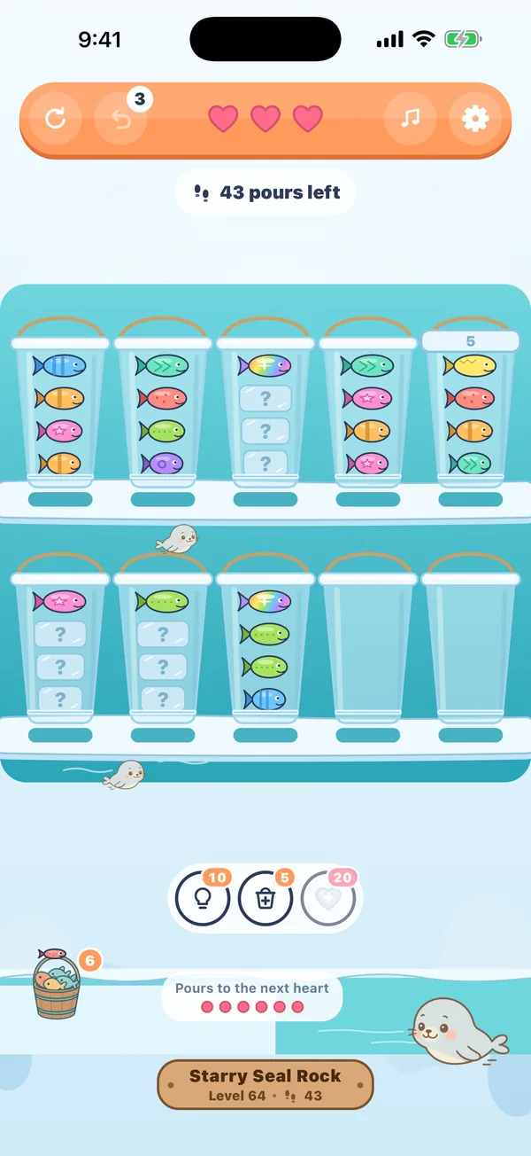 A big level of Penguin Lagoon: ten pails, frozen fish hidden under the top ones