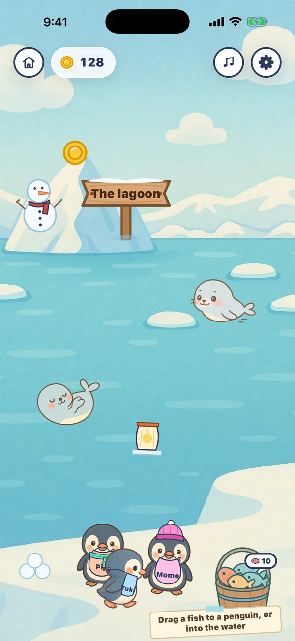 The lagoon of Penguin Lagoon: penguins on the ice, one in a beanie, seals in the water, a snowman on the iceberg