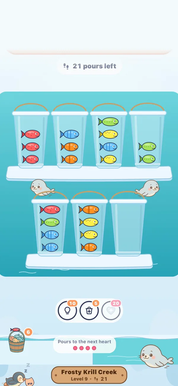 Level 9 of Penguin Lagoon: two rows of ice pails, the fish still mixed, one pail empty